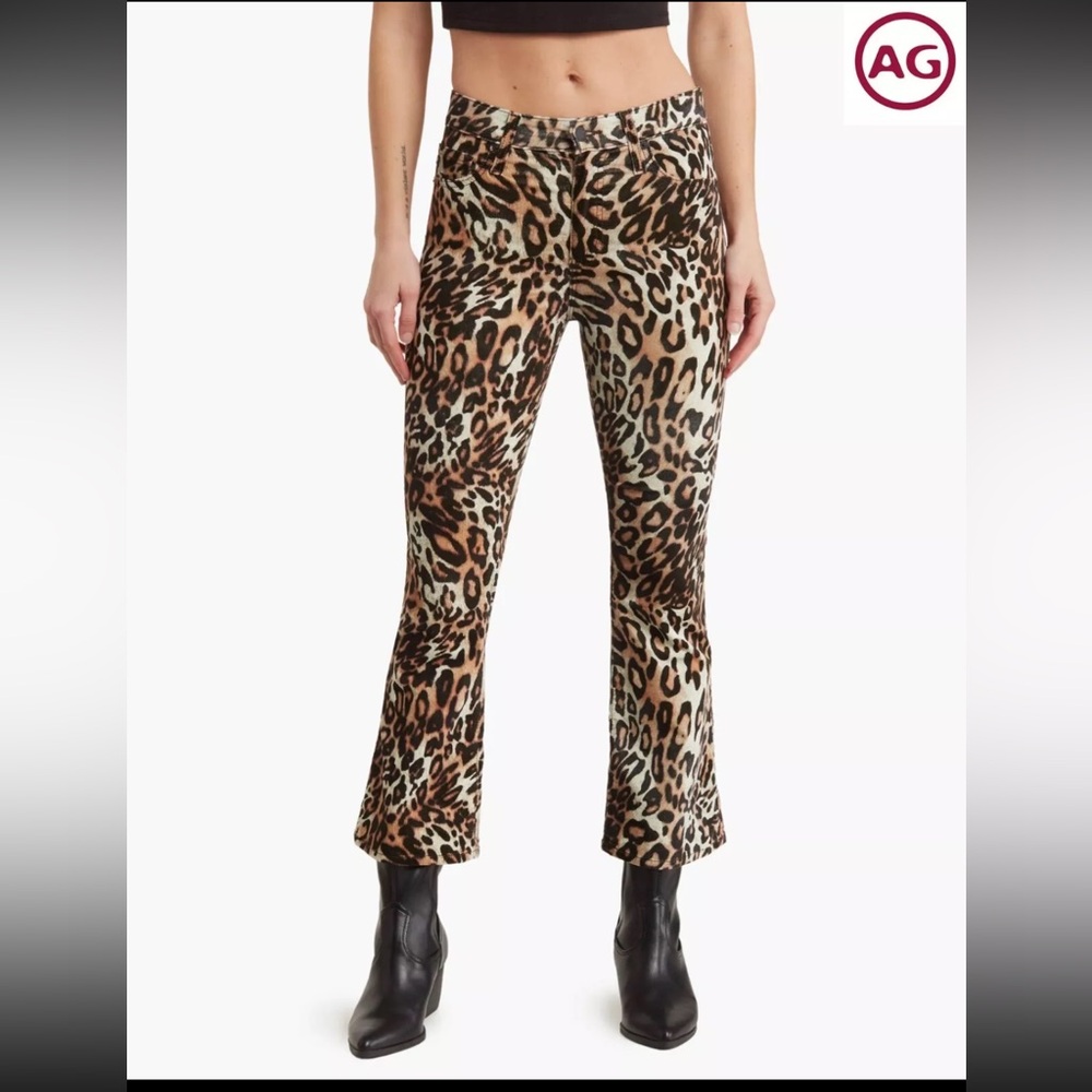 New AG The Quinne Crop High Rise Kick-Flare Pants in Bold Leopard Ivory Dust
